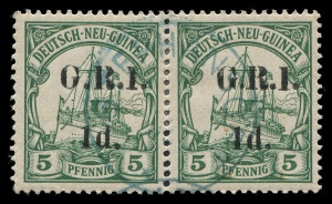 NEW GUINEA - 'G.R.I.' Overprints: 1914-15 (SG.2) Surcharges (5mm spacing) 1d on 5pf green pair (perf reinforcing), Powell Type 7 STEPHANSORT datestamp in blue, Cat.£220+.