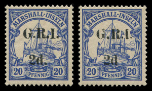 NEW GUINEA - 'G.R.I.' Overprints: 1914 (SG.53 & 53e) Surcharges on Marshall Islands 2d on 20pf ultramarine (2) one with Setting 2 variety "No stop after 'd'", both stamps fine MUH.
