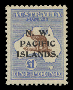 NEW GUINEA - 'N.W./PACIFIC/ISLANDS' Overprints: 1915-22 mint collection with Roos 1915-16 2d to 2/- (SG.97) in abc strips, £1 single (SG.99) fine well centred, 1918 Surcharge duo (gum toning), KGV Heads abc strips ½d (4) 1d (6, four are within a block of 12), 4d orange (3, one with "Weeping '4'" centre unit) & 5d (3), plus singles including 4d in buff-orange shade (scarce) & 5d with "Retouched N.E. corner - State IV"; toning issues in places so inspection recommended. (95)