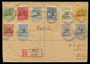 NEW GUINEA - 'N.W./PACIFIC/ISLANDS' Overprints: 1917 (Oct.2) cover to Switzerland via Sydney (backstamped) with Overprinted Roos 2d, 2½d 3d, 6d, 9d & 1/- plus KGV ½d, 1d, 4d & 5d tied by RABAUL datestamps, German-type registration label, BERN arrival backstamp, fine condition.