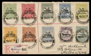 NEW GUINEA - 'N.W./PACIFIC/ISLANDS' Overprints: 1918 (Sep. 24) registered Ackland Cover with overprinted Roos 2d, 2½d, 3d, 6d, 9d & 1/- plus KGV ½d, 1d, 4d, & 5d, all tied by separate strikes of Powell Type 14a 'KOKOPO' datestamp (Rated D), the makeready obscuring 'QUEENSLAND' at base starting to show significant wear), provisional use of NSW registration label, REGISTERED SYDNEY & REGISTERED MELBOURNE backstamps. Lovely item.
