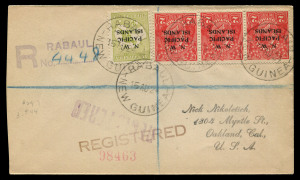 NEW GUINEA - 'N.W./PACIFIC/ISLANDS' Overprints: 1919-24 registered covers conprising Wilson covers to England 1919 with KGV 1d Red strip of 3 and ½d Green pair tied by RABAUL datestamps and 1921 with Roos 2½d, 6d & 1/- plus KGV ½d & 5d tied by RABAUL datestamps, the former with SYDNEY and LONDON transit backstamps; also 1924 to USA with KGV 2d Red & 3d Roo Die I tied by RABAUL datestamps, Rabaul registration handstamp, SYDNEY transit and OAKLAND arrival backstamps. (3 covers).