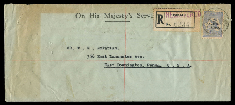 NEW GUINEA - 'N.W./PACIFIC/ISLANDS' Overprints: 1922 (Nov.23) registered OHMS cover to USA with Overprinted 6d Roo Die II SG.110 solo franking tied by RABAUL datestamp, black/white registration label, on reverse RABAUL, SYDNEY, CHICAGO transits and EAST D