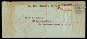 NEW GUINEA - 'N.W./PACIFIC/ISLANDS' Overprints: 1922 (Nov.23) registered OHMS cover to USA with Overprinted 6d Roo Die II SG.110 solo franking tied by RABAUL datestamp, black/white registration label, on reverse RABAUL, SYDNEY, CHICAGO transits and EAST DOWNINGTOWN arrival datestamp, cover with some peripheral age staining & couple small tears at upper-right. Scarce commercial item.