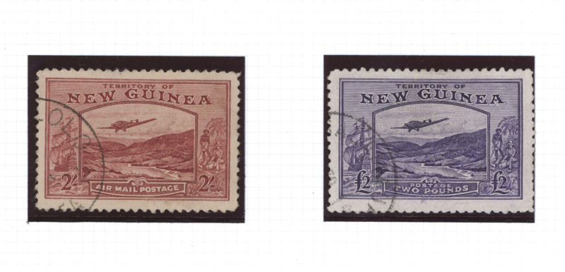 NEW GUINEA - Mandated Territory Issues: 1925-39 used collection with 1925 Huts to 5/- including both 6d shades plus Airs to 1/- (ex 1d & 1½d), Dated Bird 1d to 6d plus Airs to 3d plus 6d, Undated Birds to 2/-, Airs ½d to £1 set (Cat. £275) plus a few 'OS