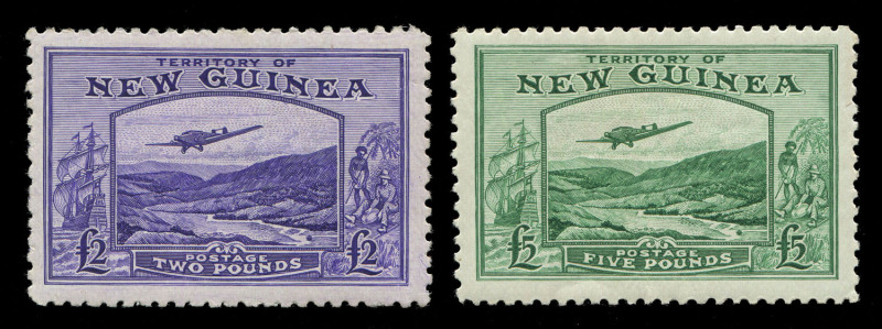 NEW GUINEA - Mandated Territory Issues: 1935 (SG.204-05) £2 bright violet & £5 emerald-green Bulolo Airs, slight gum bend £5, both stamps fresh MLH, Cat £1100.