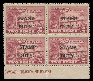 NEW GUINEA - Mandated Territory Issues: Revenues: mint 1925 'STAMP/DUTY' Overprints 1d marginal strip of 5 with complete Commonwealth Treasury imprint, 2d block of 4 with part imprint (crease lower-right unit), upper-right unit with "Horizontal break running through 'DUTY'", also 1d & 2d (creasing) singles, some mild gumside spotting. Very scarce multiples. (11)