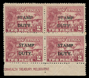 NEW GUINEA - Mandated Territory Issues: Revenues: mint 1925 'STAMP/DUTY' Overprints 1d marginal strip of 5 with complete Commonwealth Treasury imprint, 2d block of 4 with part imprint (crease lower-right unit), upper-right unit with "Horizontal break runn