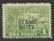 NEW GUINEA - Mandated Territory Issues: Revenues: mint 1925 'STAMP/DUTY' Overprints 1d marginal strip of 5 with complete Commonwealth Treasury imprint, 2d block of 4 with part imprint (crease lower-right unit), upper-right unit with "Horizontal break runn - 3