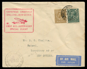 NEW GUINEA - Aerophilately & Flight Covers: 7 Jan. 1932 AAMC.P40 pair of covers to New Guinea carried on the return flight of the first All-Australian airmail service with GB KGV 1/- & 4d or 10d & 6d tied by 'TADWORTH/17DE/31/SURREY' datestamps, 'CHRISTMAS GREETINGS' flight cachets in red or in blue, BRISBANE '21JAN/1932' backstamps, both sent onwards by mailboat with numerous New Guinea backstamps and RABAUL '17FE32' arrival datestamps on face. Only 30 flown.(2)