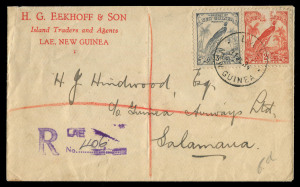 NEW GUINEA - Postal History: 1929-39 covers with rubber registration cachets comprising 1929 Rabaul to USA with 6d Huts, 1933 Chinese merchant's cover from Madang to Rabaul, 1934 Eekhoff & Son advertising cover Lae airmail to Salamaua, 1935 Rabaul to USA, 1938 Wewak to USA, 1939 Kavieng airmail to England with 2d & 6d Bululo Air, 1939 Rabaul to England; also official covers Madang to Talasea with 1/- Huts optd 'OS' and 1932 Marienberg to England with 9d Dated Bird optd 'OS'; generally fine. (9 i