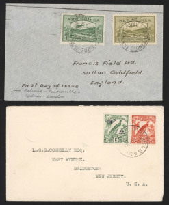 NEW GUINEA - Postal History: 1930s-1940s cover selection with 1940 newswrapper from Lae to Sandy Creek Gold Sluicing Ltd in Sydney with 5d Bulolo (2, both overlapping wrapper edge); also 1933 Salamaua airmail to USA with 1d Undated Birds Airs strip of 4, 1934 1d printed matter rate to USA, 1938 (?) Madang 11d rate printed cover to Holland, 1939 Bulolo to USA taxed, Burns Philp Madang office 1938 to USA & Salamaua office 1935 (?) to Sydney, other commercial mail from Carpenter & Co and Greenwood
