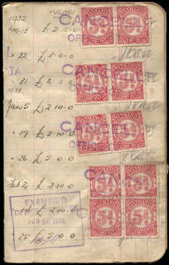 REVENUES: 1932-35 Wages Book recording the weekly pay for an employee; each page bearing Numeral of Value series denominations for 1d, 2d, 3d, 4d, 5d, 6d, 1/- & 2/6 (C&I.144-154), 9d Platypus optd.9d (C&I.63) as well as WAGES TAX issues from 2 Feb.1934 fo