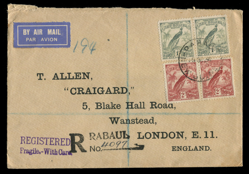 NEW GUINEA - Postal History: 1935 (Oct.5) registered airmail cover to England with Dated Birds 2/- pair & 1/- pair tied by central RABAUL datestamp, REGISTERED SYDNEY transit & LEYTONSTONE arrival backstamp, printed address, stamps alone Cat. £250+ (on co