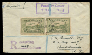 NEW GUINEA - Postal History: 1939 (Dec.30) censored to New Zealand with 1/- Bulolo Air pair tied by KAVIENG datestamp, rubber registration handstamp, fine strike of boxed 'Passed by censor/T.N.G. No. 8' handstamp, KAVIENG, RABAUL & SYDNEY transit backstamps, fine condition overall.