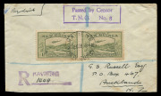 NEW GUINEA - Postal History: 1939 (Dec.30) censored to New Zealand with 1/- Bulolo Air pair tied by KAVIENG datestamp, rubber registration handstamp, fine strike of boxed 'Passed by censor/T.N.G. No. 8' handstamp, KAVIENG, RABAUL & SYDNEY transit backstam