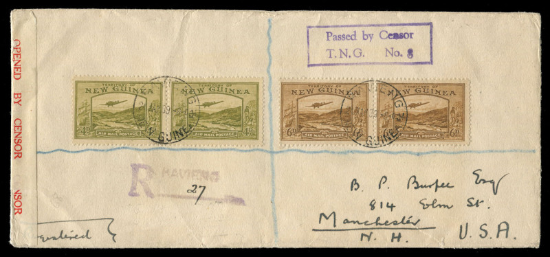 NEW GUINEA - Postal History: 1939 (Jan.24) registered cover to Manchester, England endorsed on reverse "From/G. Dutton/Benji/Kavieng" (Benji Plantation, 35 miles from Kavieng) with Bulolo Airs 6d & 4d pairs tied by KAVIENG '24JAN/39', datestamp, rubber Ka