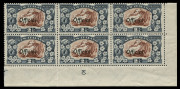 NEW ZEALAND: 1936-42 Pictorials (SG.581) 2½d red-brown & blue-slate Perf.14 Plate 3 (reversed) CP.L5e corner block of 9 (lower six units MUH) and optd 'Official' corner block of 6 (lower three units MUH). Fine and scarce multiples. - 2