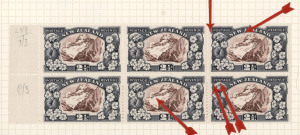 NEW ZEALAND: 1936-42 Pictorials (SG.581) 2½d red-brown & blue-slate array in stockbook including Perf.14x13½ Plate 4 CP.Lf(4)e corner blocks of 4 (3) one block (corner crease upper-right unit) with Burele Band in lower selvedge, also blocks of 9 (2), block of 8, blocks of 6 (3), blocks of 4 (10), pairs (4) & singles (50) in various perfs/shades, some items annotated for retouches, re-entries or other flaws; generally fine mint. Good specialist lot.