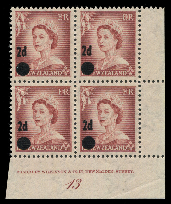 NEW ZEALAND: 1958 (SG.763) 2d on 1½d 'Stars' Plate 13 Bradbury Wilkinson corner imprint block of 4 CP.N41a(6), fresh MUH, Cat NZ $3000. Rare.