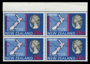 NEW ZEALAND: 1969 (SG.907-909) Bicentenary of Captain Cook's Landing in New Zealand 6c, 18c & 28c marginal blocks of 4 each with "Embossed head of Queen widely misplaced" (as seen from reverse), all fresh MUH, CP. S123a(Z), S124a(Z) & S125a(Z) - Cat NZ$11 - 3