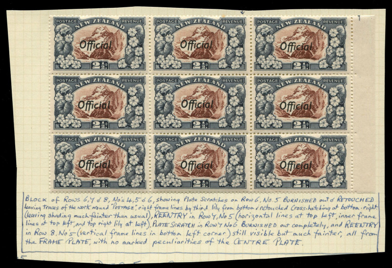 NEW ZEALAND - Official Stamps: 1936-61 Pictorials (SG.O124) 2½d red-brown & blue-slate mostly multiples with marginal blocks of 9 (5) and blocks of 6 (2) with specialist annotations identifying plate scratches, re-entries and retouches, usually on the fr