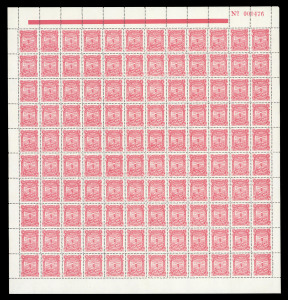 NEW ZEALAND - Official Stamps: Life Insurance: 1944-47 (SG.L41) 6d pink Perf.14x15 complete pane of 120 (12x10, sheet margins intact), numbered '000476', fresh MUH, minor exposure to dump affecting a few units at upper-left, Cat. &pound;2400++. Scarce survivor.