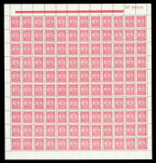 NEW ZEALAND - Official Stamps: Life Insurance: 1944-47 (SG.L41) 6d pink Perf.14x15 complete pane of 120 (12x10, sheet margins intact), numbered '000476', fresh MUH, minor exposure to dump affecting a few units at upper-left, Cat. &pound;2400++. Scarce survivor.