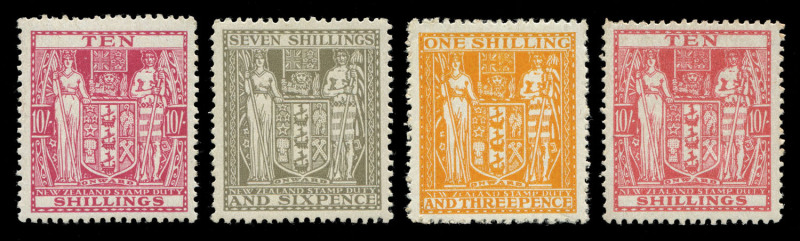 NEW ZEALAND - Official Stamps: Postal Fiscals: 1936-58 Arms group comprising 1936-39 10/- pale carmine-lake SG. F177, 1940-58 1/3d orange-yellow, 7/6d olive-grey & 10/- carmine-lake SG.F191,198 & 201, all MUH, Cat £470. (4)