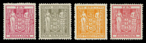 NEW ZEALAND - Official Stamps: Postal Fiscals: 1936-58 Arms group comprising 1936-39 10/- pale carmine-lake SG. F177, 1940-58 1/3d orange-yellow, 7/6d olive-grey & 10/- carmine-lake SG.F191,198 & 201, all MUH, Cat £470. (4)