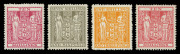 NEW ZEALAND - Official Stamps: Postal Fiscals: 1936-58 Arms group comprising 1936-39 10/- pale carmine-lake SG. F177, 1940-58 1/3d orange-yellow, 7/6d olive-grey & 10/- carmine-lake SG.F191,198 & 201, all MUH, Cat &pound;470. (4)