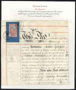 NEW ZEALAND - Revenues: 1870 (Jan) Conveyance document with QV Long Type 10/- salmon & green tied by OTAGO '19JA70' datestamp and attached by lead fastener to the form which has been folded & bound. Most attractive.