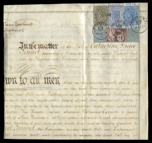 NEW ZEALAND - Revenues: 1904 (Oct) Probate document with QV Long Type £50 grey, £4 pale blue & 7/- blue plus 5d Pictorial postage stamp (all with the perforations removed) tied by OTAGO datestamps and attached by lead fastener to the form which has been folded & bound. Most attractive.