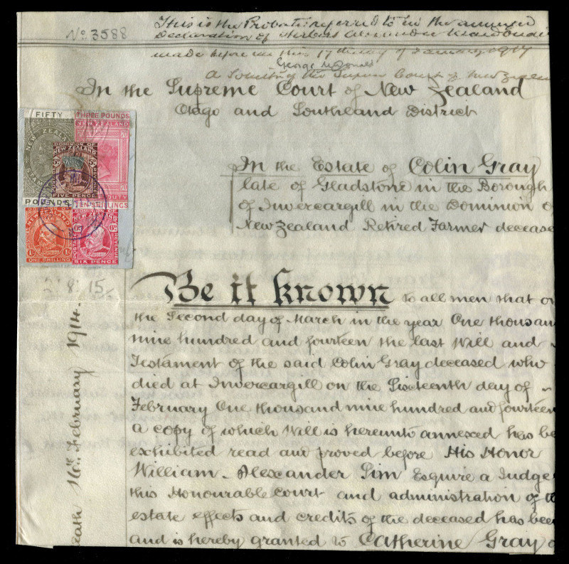 NEW ZEALAND - Revenues: 1914 (Mar. 6) Probate document with QV Long Type £50 grey & £3/10/- rose plus KEVII 5d, 6d & 1/- postage stamps cancelled with INVERCARGILL datestamp and attached by lead fastener to the form, all stamps with perforations removed,