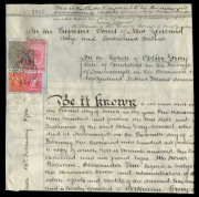 NEW ZEALAND - Revenues: 1914 (Mar. 6) Probate document with QV Long Type £50 grey & £3/10/- rose plus KEVII 5d, 6d & 1/- postage stamps cancelled with INVERCARGILL datestamp and attached by lead fastener to the form, all stamps with perforations removed,