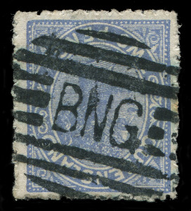 PAPUA: 1885-1901 selection of Queensland stamps used in BNG comprising Lined Background 2d blue & 2½d carmine each with large part 9-Bars 'BNG' Type 25 cancels of Samarai; also Void Background 1d red & 2d blue Sidefaces rejoined piece with largely complete Type 6 'PORT MORESBY/13SE97' datestamp, plus partial Port Moresby strikes on Lined Background 2½d carmine and on Void Background 2½d purple/blue and on 6d yellow-green. (6 items)