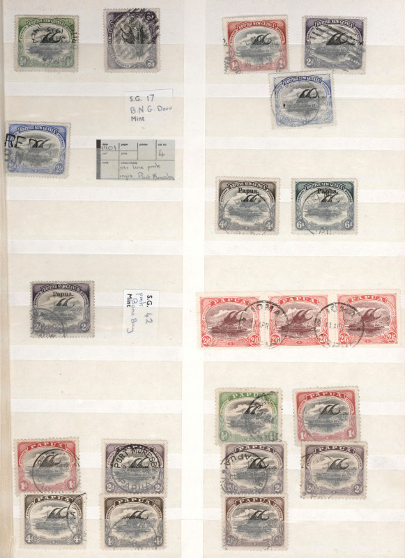 PAPUA: 1901-30 Used Collection on stockbook pages with few BNG values incl. 2d with Bars Type 42 of Daru (Rated F), Large 'Papua' 4d (SG.25, Cat £160) and 6d, Small 'PAPUA' values to 1/-, Large 'PAPUA' 2/6d perf.11 SG.48 & perf.12½ SG.82, Monocolours set,