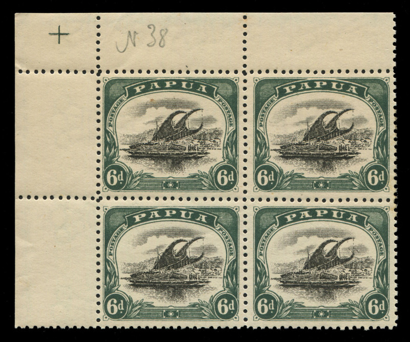 PAPUA: 1901-32 Selection of annotated varieties mostly mint, many within multiples incl. Small 'Papua' Wmk Vertical Rosettes 1d corner block of 4, lower-left unit with "Scratches in clouds at left", 1910-11 Large 'PAPUA' Crown/A 2½d "Unshaded leaves" in a