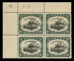 PAPUA: 1901-32 Selection of annotated varieties mostly mint, many within multiples incl. Small 'Papua' Wmk Vertical Rosettes 1d corner block of 4, lower-left unit with "Scratches in clouds at left", 1910-11 Large 'PAPUA' Crown/A 2½d "Unshaded leaves" in a block of 4 and on a single, 6d corner block of 4 lower-right unit with "Pole retouch", 1916-31 Bicolours 1½d 'POSTACE' flaw in block of 10, in two pairs and in optd 'TWO PENCE' block of 4 plus and on optd 'OS' single,