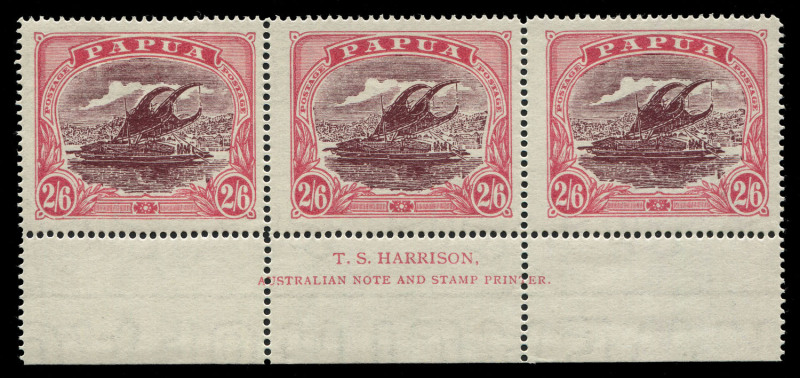 PAPUA: 1916-31 (SG.103 & 103a) 2/6d maroon & pale pink Harrison imprint strip of 3 and 2/6d maroon & bright pink Ash imprint strip of 3, both fine mint.