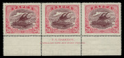 PAPUA: 1916-31 (SG.103 & 103a) 2/6d maroon & pale pink Harrison imprint strip of 3 and 2/6d maroon & bright pink Ash imprint strip of 3, both fine mint.