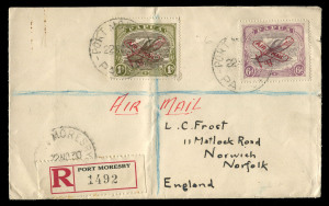 PAPUA: 1930 (SG.117) AIR MAIL Aeroplane overprint Harrison Printing 1/- sepia & olive with OVERPRINT IN DEEP CARMINE on 1930 Port Moresby registered cover to England; included for comparison is an Ash printing 1/- on cover with the normal carmine overprin