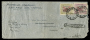 PAPUA: 1930 (SG.117) AIR MAIL Aeroplane overprint Harrison Printing 1/- sepia & olive with OVERPRINT IN DEEP CARMINE on 1930 Port Moresby registered cover to England; included for comparison is an Ash printing 1/- on cover with the normal carmine overprin - 2