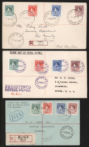 PAPUA: 1937 Coronation registered FDCs (9) with Kokoda to Sydney with 'REGISTERED/KOKODA,PAPUA' Lee Type 71 handstamp, Buna Bay to Samarai with fashioned BUNA registration label, others with black/red registration labels from Ioma, Losuia, Samarai (2, one to England with 'FIRST DAY COVER' dealer's address label) and Port Moresby (3, two with illustrations); also 3d imprint block of 4 (with plate dot) on Port Moresby plain FDC. (10 covers)