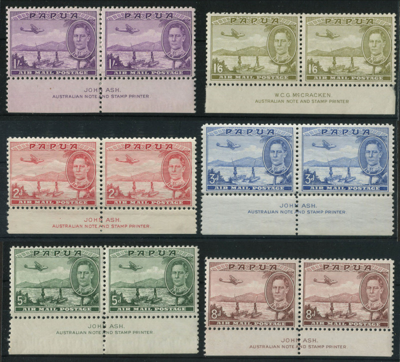 PAPUA: 1939 (SG.163-68) 2d to 1/6d Airs set in Ash imprint pairs, some mild gumside tone on 1/6d pair, MVLH.(6 pairs)