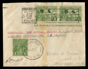 PAPUA - Aerophilately & Flight Covers: 1930-37 group comprising 1930 (Aug.18) Wau-Rabaul (AAMC.P21) with Guinea Airways circular cachet, Cat.$350; 1935 (Aug.30) Port Moresby-Ioma (AAMC.P96) signed by pilot Orme Denny, Cat.$200; 1937 (Jan.4) Sydney-New Guinea return flight cover (light stain) flown by pilot R.O. Mant for Mandated Airways in a DH84 Dragon, returned to Australia by sea and cancelled on arrival with BRISBANE '27JAN/1937' paquebot cancel, Cat.$800; generally fine, total Cat $1350. (3