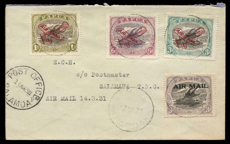 PAPUA - Aerophilately & Flight Covers: 14 March 1931 (AAMC.P29) Port Moresby-Salamaua flown cover carried by Guinea Airways, adhesives tied by weak strikes of PORT MORESBY datestamp, Powell Type 106 POST OFFICE/SALAMOA arrival datestamp on face. Only 4 co