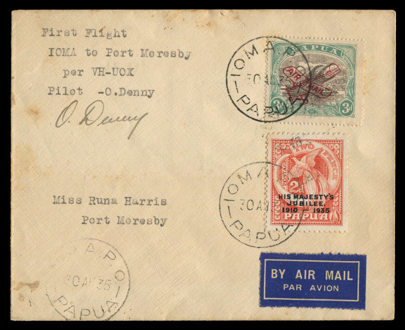 PAPUA - Aerophilately & Flight Covers: 30 Aug.1935 (AAMC.87) Ioma - Port Moresby first flight cover signed by pilot Orme Denny [54 flown].