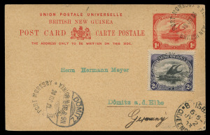 PAPUA - Postal History: 1903 (Jun.13) use to Germany of 1d Postal Card uprated with BNG 2d adhesive, three fine to very fine strikes of Lee Type 6 PORT MORESBY unframed datestamp on face, plus BRISBANE transit and DOMITZ arrival datestamp, COOKTOWN transit datestamp on reverse. Very fine.