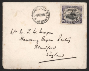 PAPUA - Postal History: 1909-20s selection including 1909 to England with Small 'Papua' 2d, 1910 to England with Small 'PAPUA' 1d (2, one defective) 1911 to England with Large 'PAPUA' 2d, 1917 OHMS to Java with Surcharges set, 1918 large piece from registered cover with attractive 1/4d franking, 1920 to USA with 2½d Monocolour solo, 1919 registered Wilson covers (2) from Daru or Port Moresby; also Morgan corespondence covers including 1918 with ½d Monocolour pair, 1920 with 1d on ½d (2), etc; co